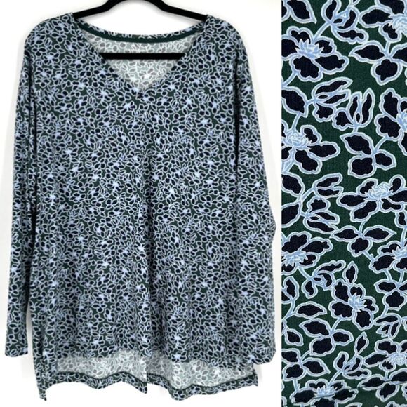 Lands' End Women's Floral V- Neck LS Supima Cotton T-Shirt Blue Size 2X Stretch - Picture 1 of 10